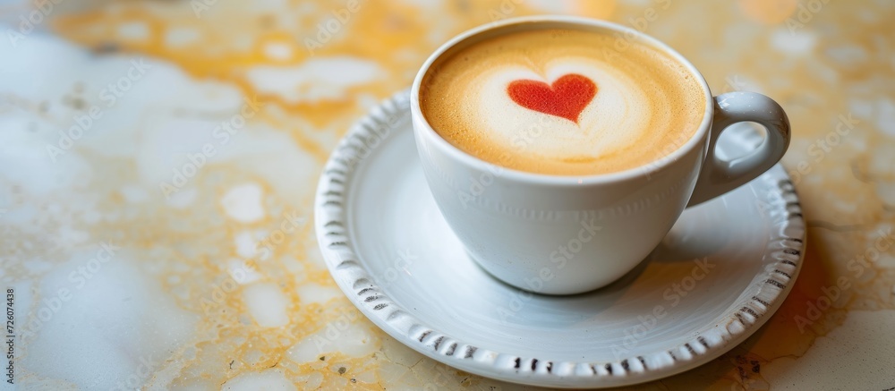 Selective focus on heart dot at front of white ceramic cup of hot cappuccino with holder on right side, placed on light yellow marble table top with plate coaster. Selective focus on heart dot at front of white ceramic cup of hot cappuccino with holder on right side, placed on light yellow marble table top with plate coaster.