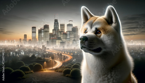 A photo-realistic image of an Akita with a cityscape in the background. photo