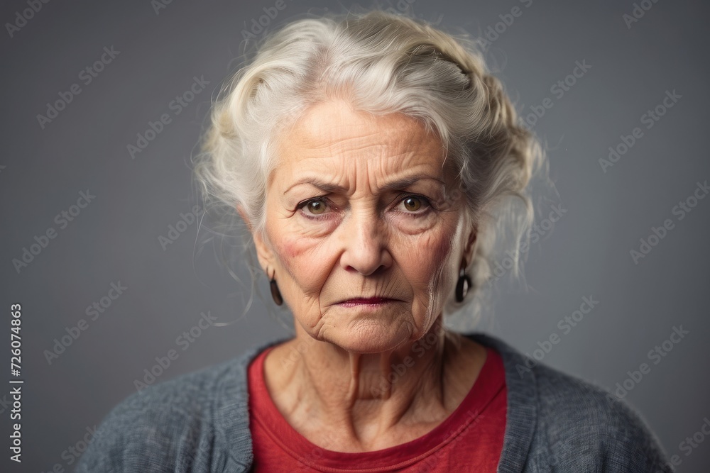 A smiling elderly woman with blond hair, expressing both joy and seriousness in her gaze A smiling elderly woman with blond hair, expressing both joy and seriousness in her gaze