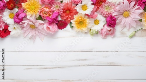 Flowers frame on white wooden background. Top view with copy space