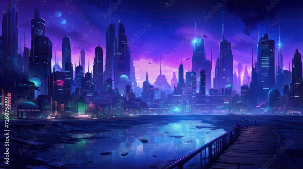 Fictional illustration of an advanced future smart city view, with skyscrapers, purplish blue light	

