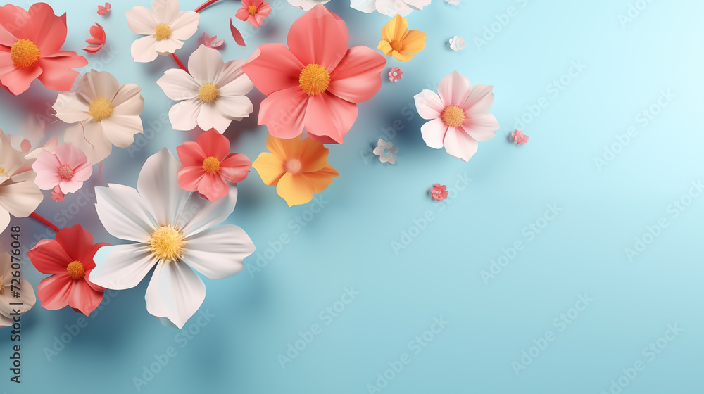 Top view colorful flowers on a blue background. Close-up of blooming flowers and space for text.
