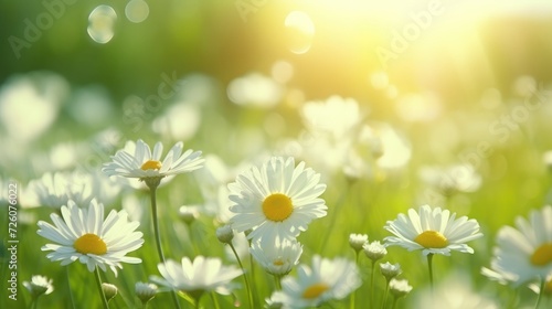 Green grass and chamomile in the meadow. Spring or summer nature scene with blooming white daisies in sun glare. Soft focus.
