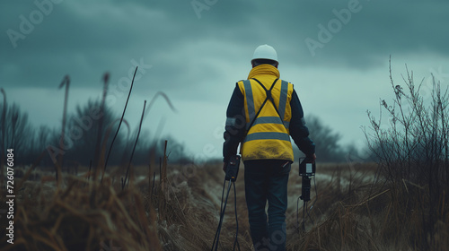 searching man safety vest hat field