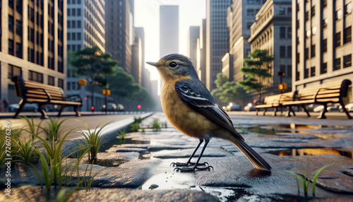 A photorealistic image of an Acadian Flycatcher adapting to an urban setting, possibly in city parks or gardens. photo