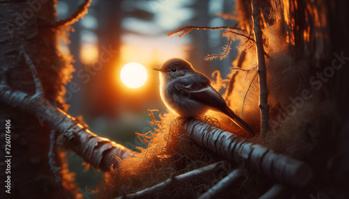 A photorealistic image of an Acadian Flycatcher settling down in its habitat as the sun sets, creating an evening roost scene. photo
