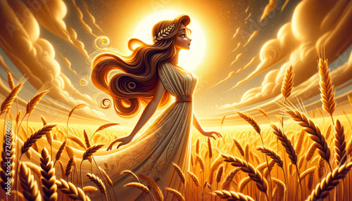 A whimsical, animated art style depiction of Demeter, the Greek goddess of agriculture, standing tall in a field of golden wheat. photo