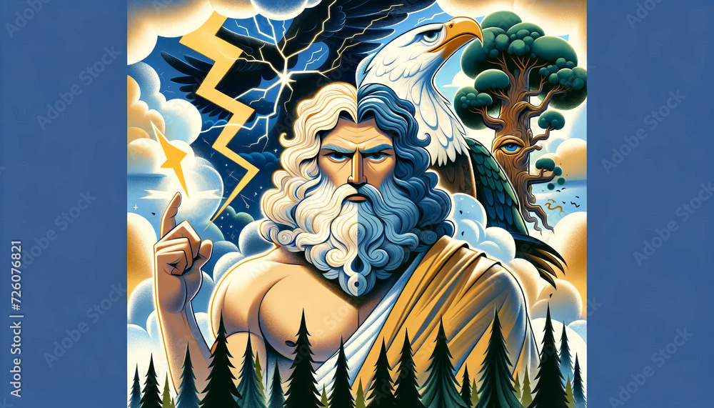 Φωτογραφία A whimsical, animated style depiction of a portrait of Zeus with all his symbols_ the thunderbolt, the eagle, and the oak tree
