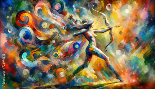 A whimsical, animated art style depiction of a colorful, abstract expressionist painting of Artemis.