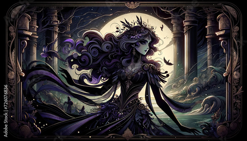 A whimsical, animated art style depiction of a gothic-style artwork of Artemis with a dark, moody background.