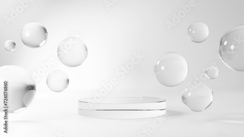 白背景に透明な球体のガラスと円形の台座。3D（横長） photo