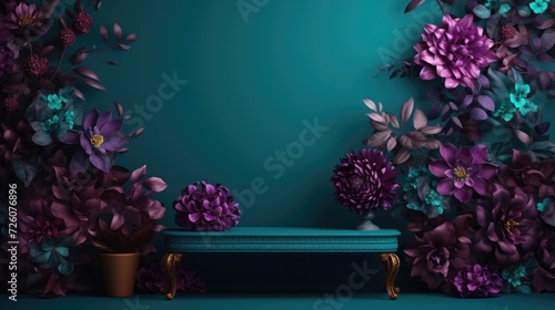 Podium and brigth purple flowers on dark teal background photo