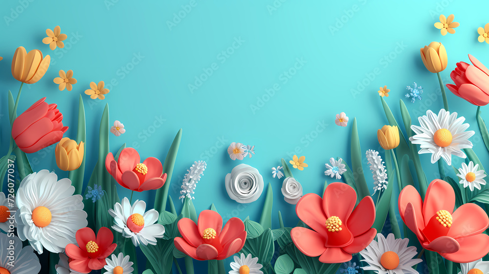 3d Bright spring background with colorful tulips and daisies, perfect for design, advertising, and seasonal decor.