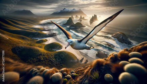 Albatross in a coastal ecosystem, highlighting environmental themes.