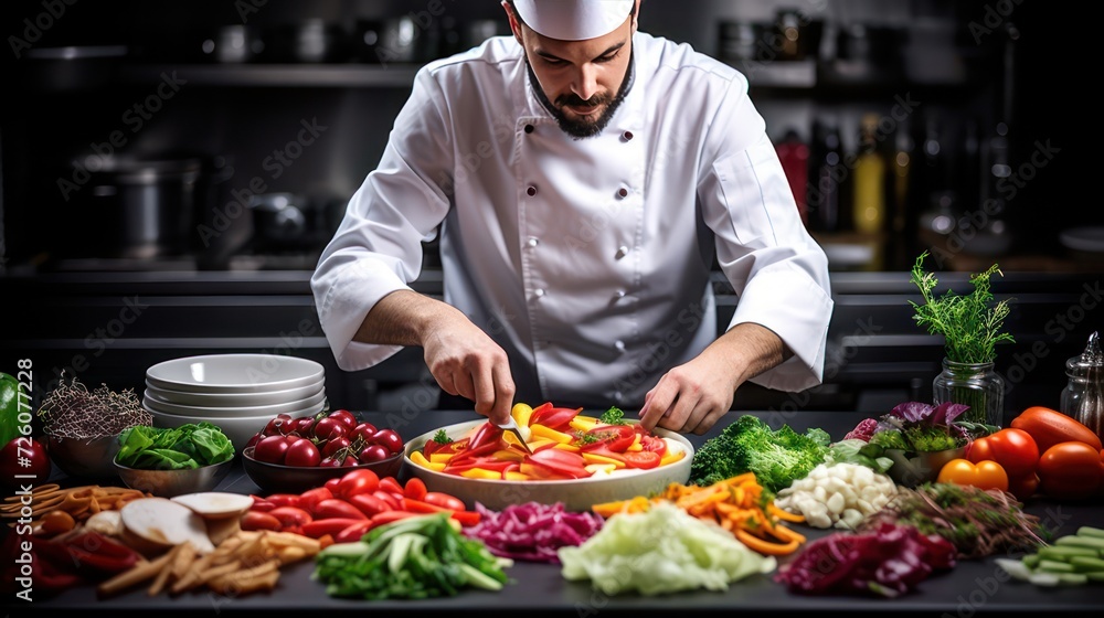 A chef is arranging food in the kitchen, preparing a vegetarian menu of vegetables and fruit. A chef is arranging food in the kitchen, preparing a vegetarian menu of vegetables and fruit.
