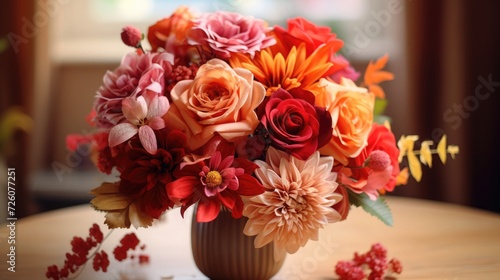Red pink orange Autumn Colorful fall bouquet. Beautiful flower composition with autumn orange and red flowers