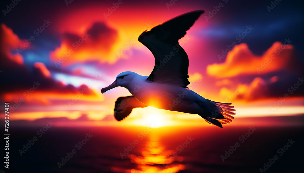 Sunset silhouette of an albatross, with vibrant colors and clear focus. Sunset silhouette of an albatross, with vibrant colors and clear focus.