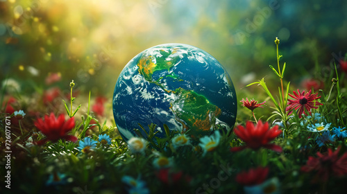 Vibrant image of Earth amidst colorful flowers representing environmental conservation, suitable for Earth Day themes. #726077671