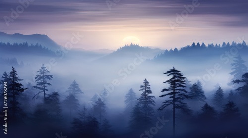 At twilight, the foggy pine forests are nature's lullaby, with the sun's serene serenade painting indigo and amethyst shades © crazyass