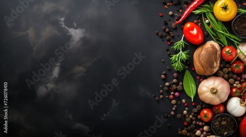 Black stone cooking background with spices and vegetables. Top view