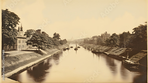 Scenic Snapshot of the Erie Canal in the Late 19th Century: Tranquil Waters, Sailboats, and Township