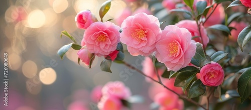 Winter showcases stunning pink sasanqua camellia blooms, exuding beauty and grace. photo