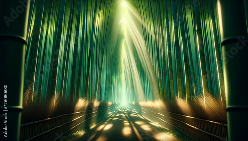 A whimsical  animated art style image in a 16_9 ratio  capturing a medium shot of a bamboo forest with light streaming through the leaves.