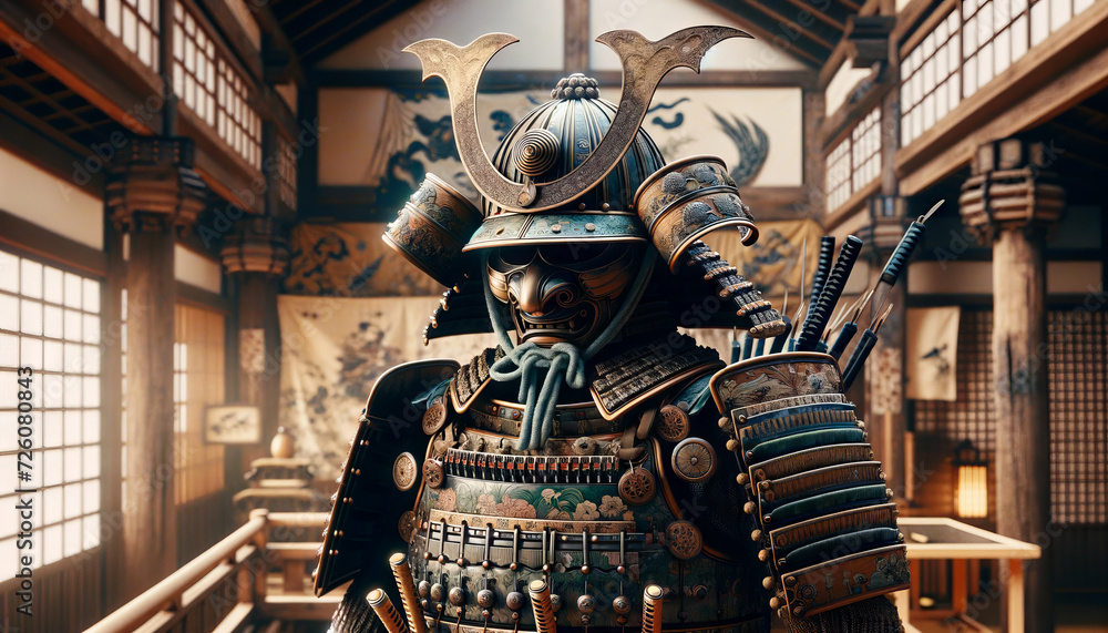 A whimsical, animated art style image in a 16_9 ratio, depicting a medium shot of an old samurai armor displayed in a temple. A whimsical, animated art style image in a 16_9 ratio, depicting a medium shot of an old samurai armor displayed in a temple.
