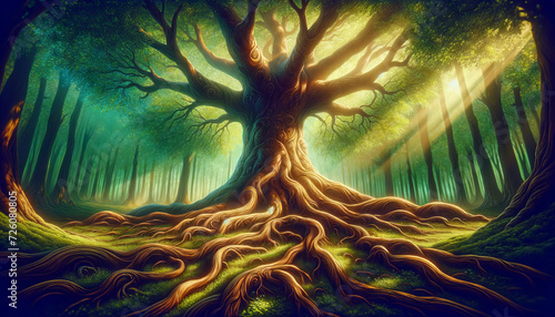 An animated, whimsical art style image in a 16_9 ratio, depicting an old, wise tree with intricate roots, perfect for contemplation.