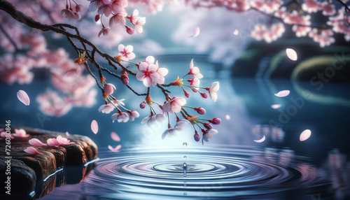 A whimsical, animated art style image in a 16_9 ratio, featuring a close-up of a sakura branch overhanging a still pond.