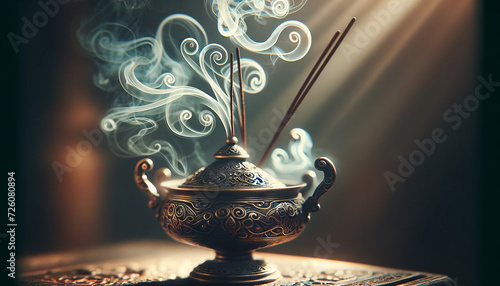 A whimsical, animated art style image in a 16_9 ratio, featuring a close-up of incense smoke curling up from a bronze burner.
