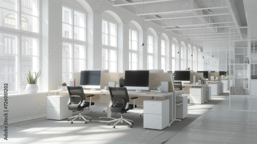 Bright and Natural Office Space with White Furniture and Green Plants Bright and Natural Office Space with White Furniture and Green Plants