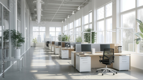 Bright and Natural Office Space with White Furniture and Green Plants