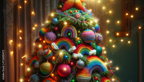 A whimsical and animated crocheted Christmas tree with rainbow decorations, showcased in a close or medium shot.