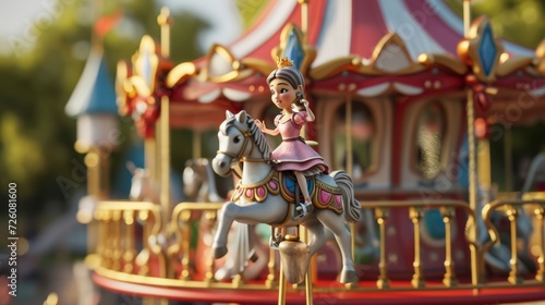 Cartoon scene A tiny princess sits atop a miniature castle calling out to her tiny knight in shining armor who is riding a miniature horse on the playgrounds miniature