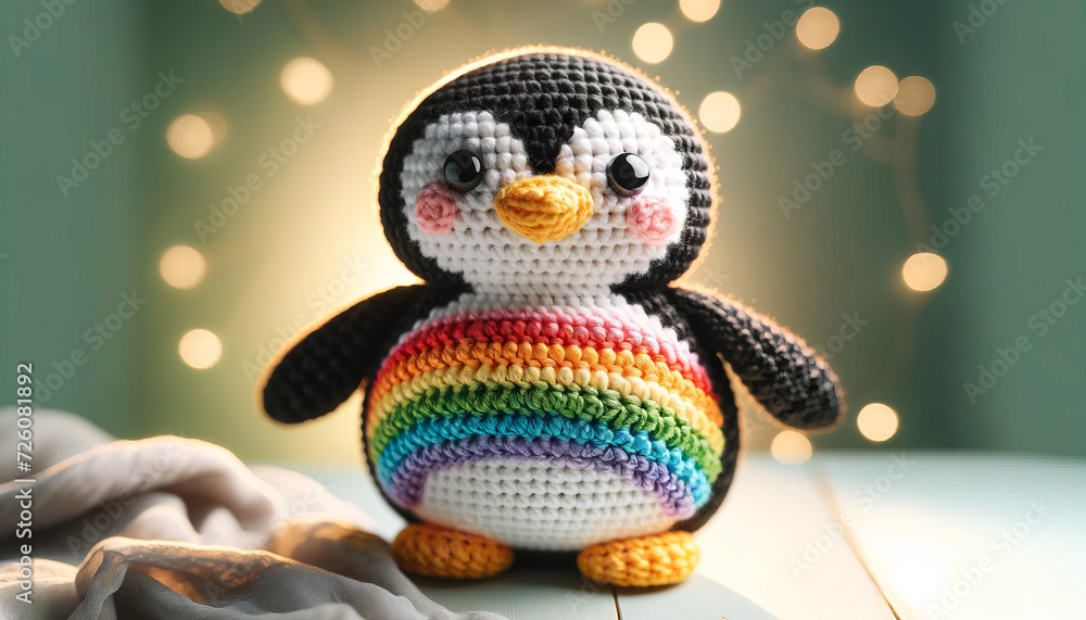 A whimsical and animated crocheted penguin with a rainbow belly, showcased in a close or medium shot.