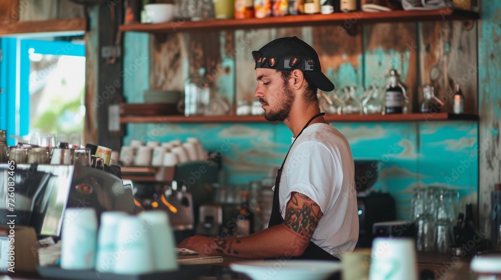 Beachside Barista, barista at work in a beachside cafe, background image, generative AI
