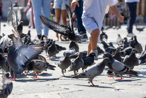 Bambini che giocano con i piccioni in Piazza Duomo di Milano, Italia photo