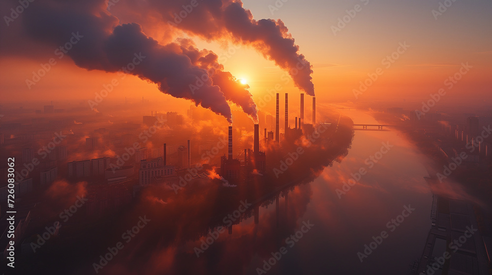 工業地帯から排出された温室効果ガスが美しい空を汚す様子