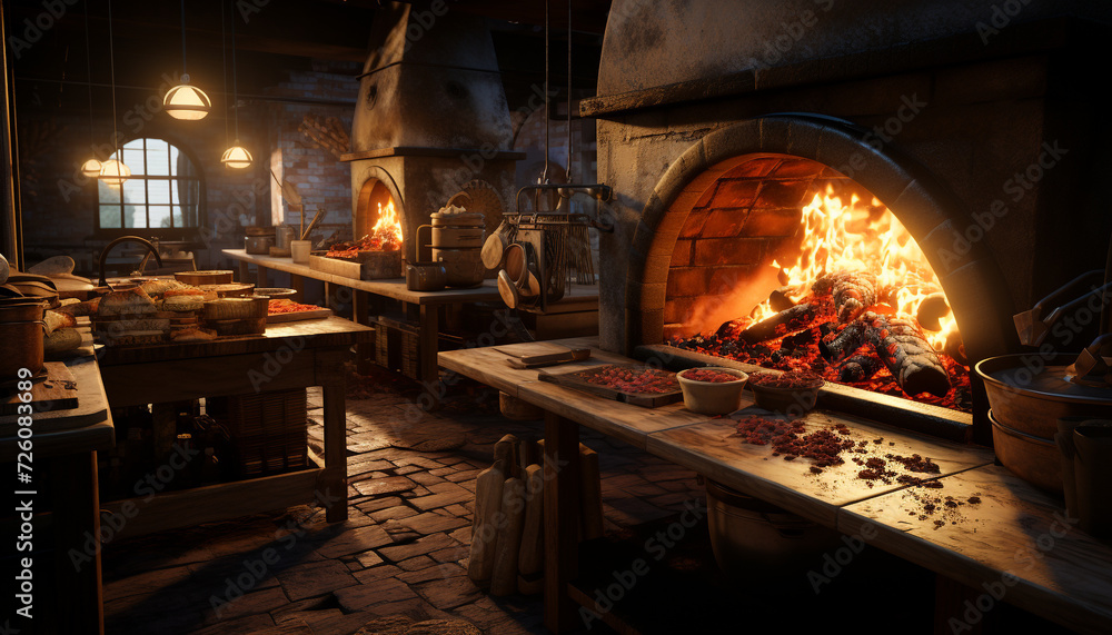 Glowing flame illuminates rustic kitchen, baking old fashioned winter meal generated by AI