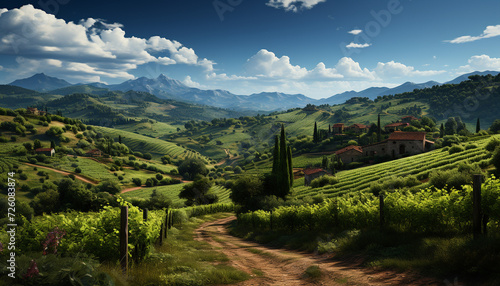 Idyllic vineyard, tranquil meadow, panoramic mountain range, autumn freshness generated by AI