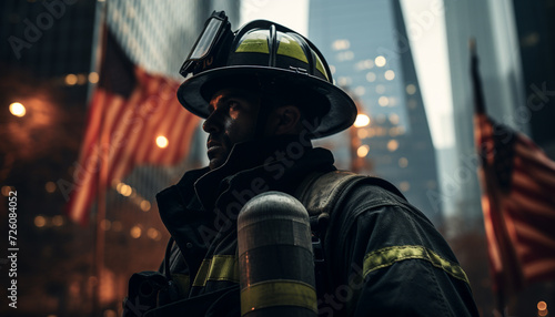 One firefighter standing outdoors, protecting city from burning building generated by AI photo