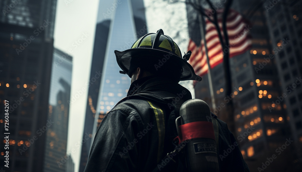 One firefighter working outdoors, protecting city from dangerous flames generated by AI One firefighter working outdoors, protecting city from dangerous flames generated by AI