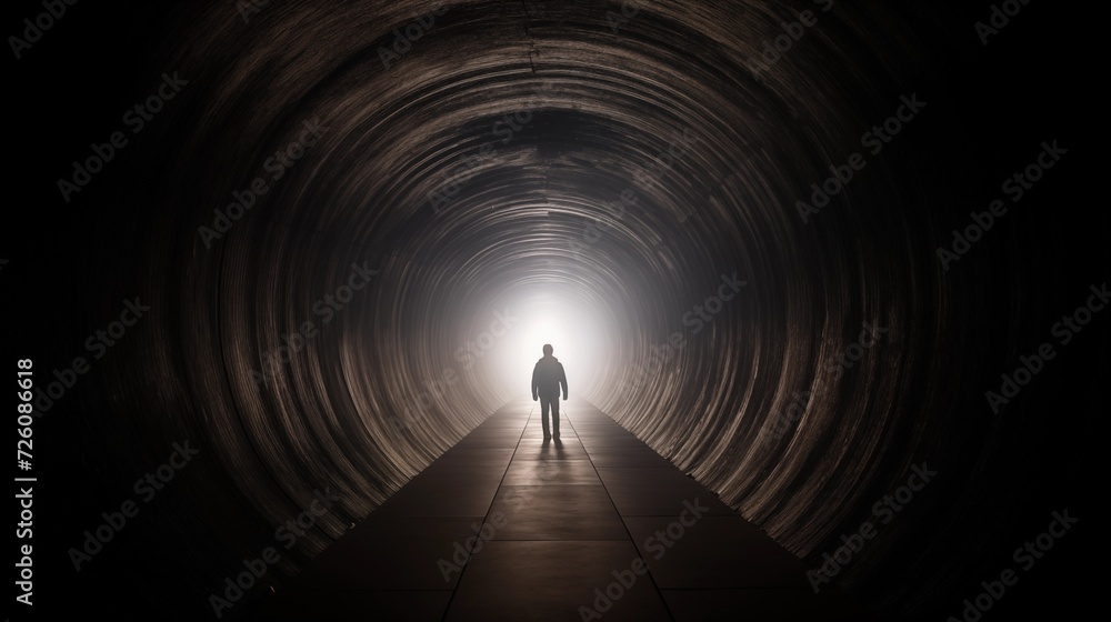 Person walking towards light at the end of the tunnel. Person walking towards light at the end of the tunnel.