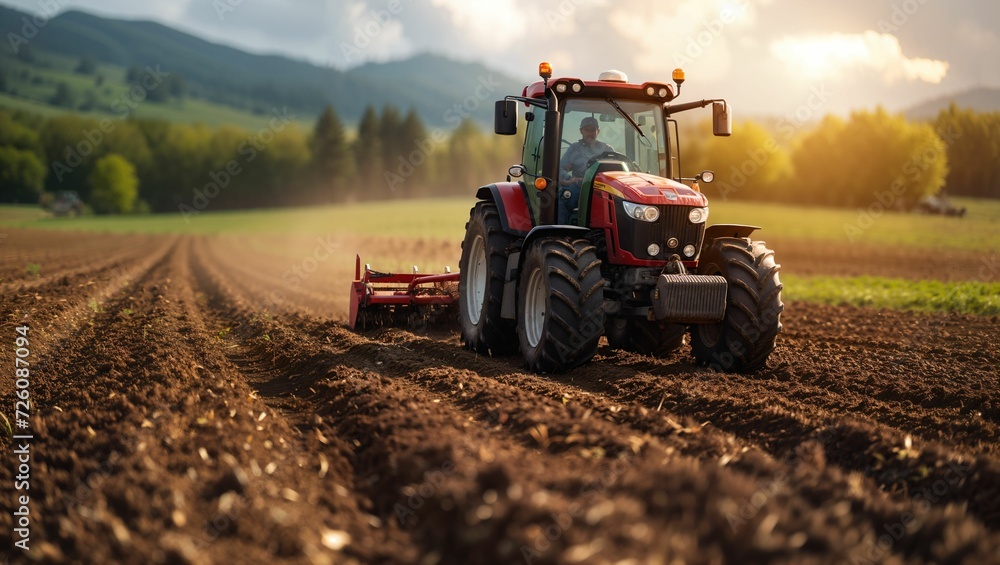 Tractors and tillage machines are tilling large areas of land and reducing labor costs, Agricultural industry - obrazy, fototapety, plakaty 