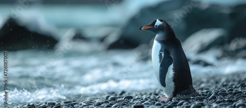 A penguin royalty  glimpsing behind  near the water s edge.