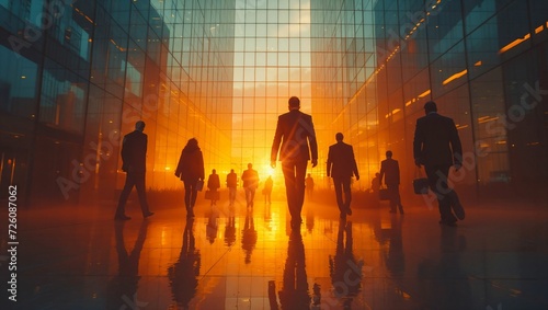 Silhouette of a group businessman walking inside of a company building © akarawit