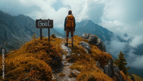 A sign with the letters "Goal" on top of the a mountain