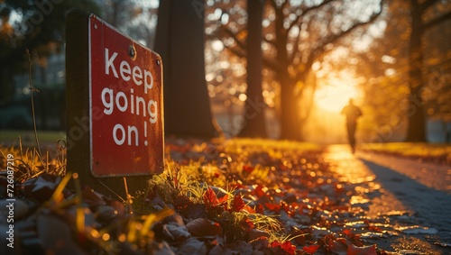 A red sign with the white letters "Keep going on!" and a man jogging in the background