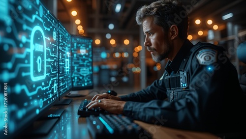 police man typing on a computer with privacy lock icon, security and technology concept photo